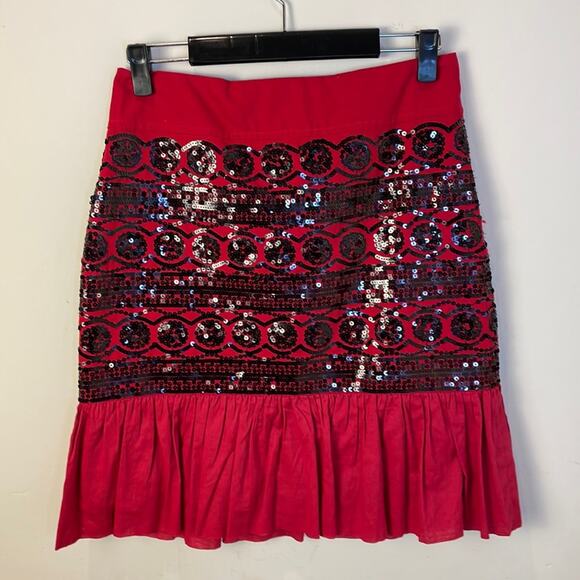 Anthropologie Moulinette Soeurs Red and Black Sequined Ruffle Suelta Skirt Sz 6 - Picture 2 of 9